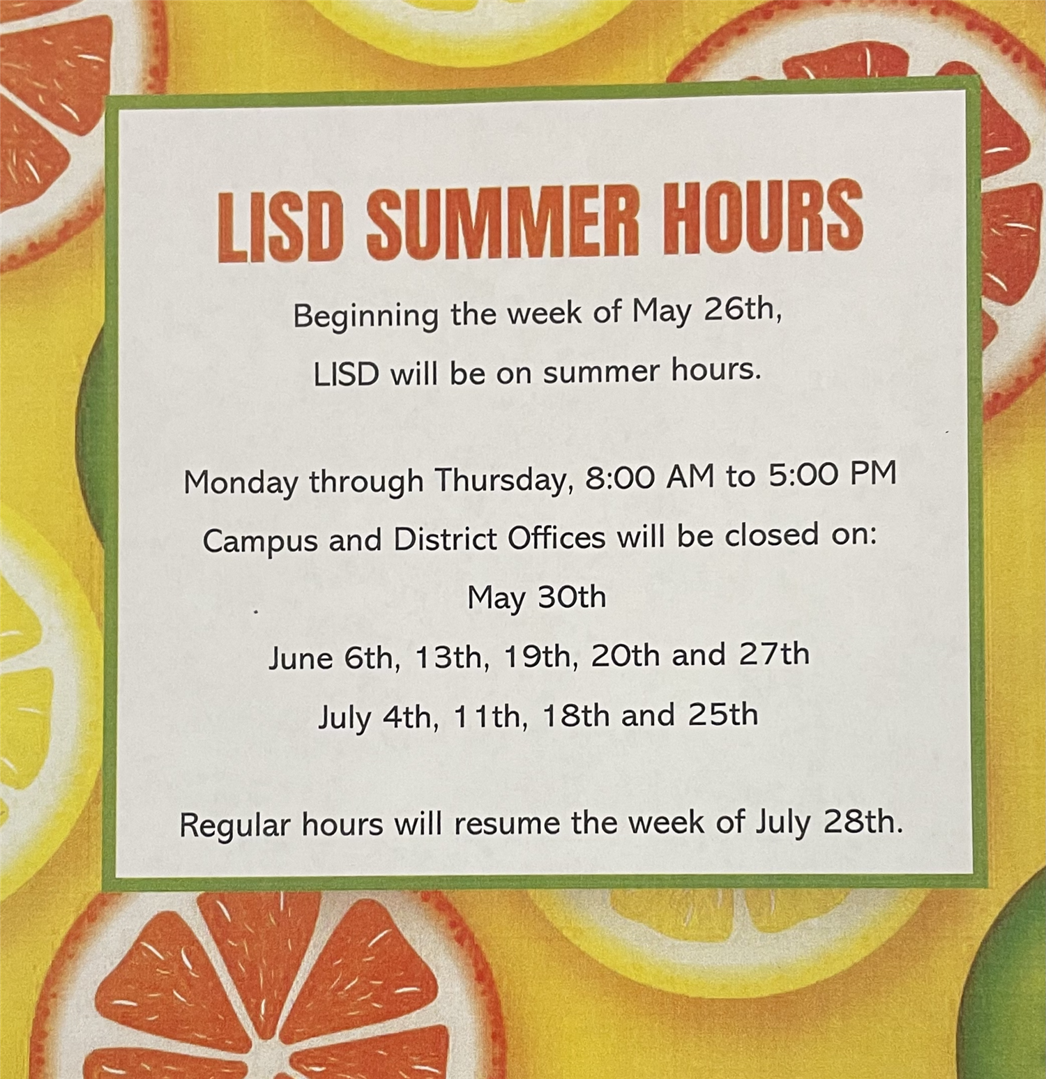  Summer Hours
